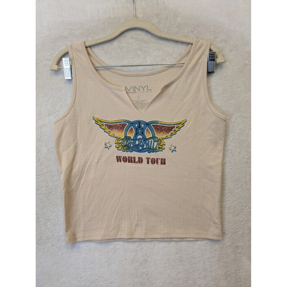 Vinyl‎ Icons Aerosmith World Tour Tank Top Women's Large Beige Notched V-Neck